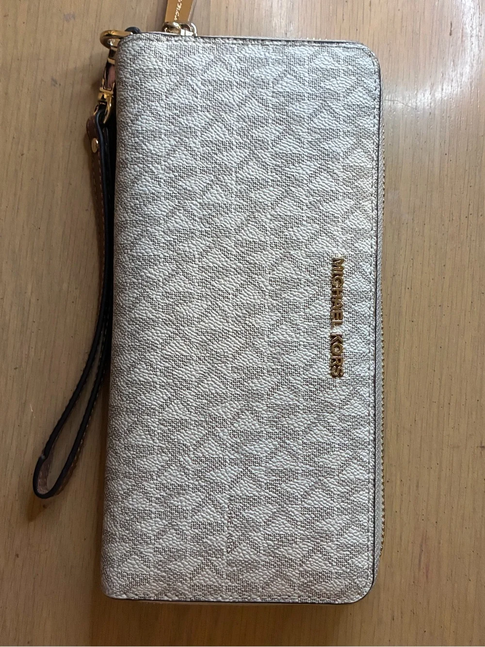 Michael Kors Silver Metallic Logo Zip Wristlet with Brown Strap